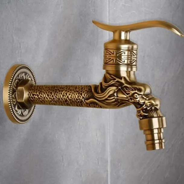 Outdoor Faucet,Single Handle Bathroom Faucet Goldon Dragon Head Wall Mounted One Hole Retro Brass Faucet Body With Cold Water Only