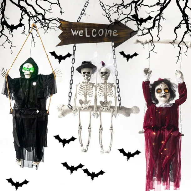 Outdoor Halloween Decor Scary Voice Effects LED Hanging Decor Decorations Outdoor Scary Skeleton with Light Up Eyes Swing Flying for Yard Garden Patio Cute Halloween Decor
