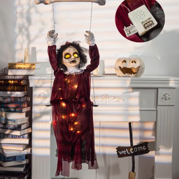 Outdoor Halloween Decor Scary Voice Effects LED Hanging Decor Decorations Outdoor Scary Skeleton with Light Up Eyes Swing Flying for Yard Garden Patio Cute Halloween Decor