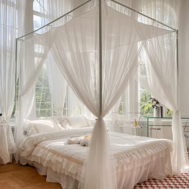 Outdoor Indoor Bed Canopy Mosquito Net 4 Corners Post Easy Installation Princess Style Suitable for Adults and Children without Bracket