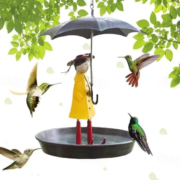 Outdoor Iron Hanging Bird Feeder, Umbrella Girl Bird Feeder, Garden Patio Bird Feeding Station, Metal Craft Ornament for Outdoor Decor