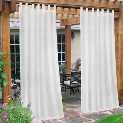 Outdoor Linen Sheer Curtains for Patio Waterproof Indoor/Outdoor Divider Privacy Added Light Filtering Porch Decor with Detachable Self-Stick Tab Top for Gazebo/Cabana, Natural, 2 Panels