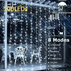 Outdoor Solar Curtain String Light, 3 * 3M-300LED/3 * 2M-200LED/3 * 1M-100LED, 8 Lighting Modes, IP65 Waterproof, Suitable for Home Garden, Porch, Backyard Wedding Parties, Thanksgiving Christmas