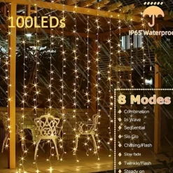 Outdoor Solar Curtain String Light, 3 * 3M-300LED/3 * 2M-200LED/3 * 1M-100LED, 8 Lighting Modes, IP65 Waterproof, Suitable for Home Garden, Porch, Backyard Wedding Parties, Thanksgiving Christmas