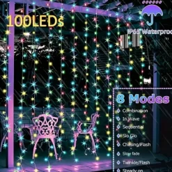 Outdoor Solar Curtain String Light, 3 * 3M-300LED/3 * 2M-200LED/3 * 1M-100LED, 8 Lighting Modes, IP65 Waterproof, Suitable for Home Garden, Porch, Backyard Wedding Parties, Thanksgiving Christmas