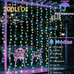 Outdoor Solar Curtain String Light, 3 * 3M-300LED/3 * 2M-200LED/3 * 1M-100LED, 8 Lighting Modes, IP65 Waterproof, Suitable for Home Garden, Porch, Backyard Wedding Parties, Thanksgiving Christmas