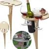 Outdoor Wine Table,Round Folding Wine Table,Wooden Picnic Camping Table Beach Table ,Champagne Picnic Table for Outdoors Park Lawn Beach Picnic Wine Glass Holder Travel