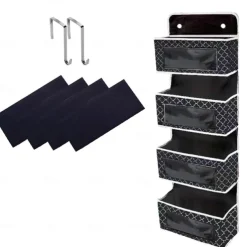Over-the-Door Storage Bag: Featuring Floral and Solid Black Designs with White Borders, Equipped with 2 Hooks for Hanging, 4 Large Capacity Pockets for Filling, Suitable for Closets, Bathrooms, Nurseries, Bedrooms, Dormitories