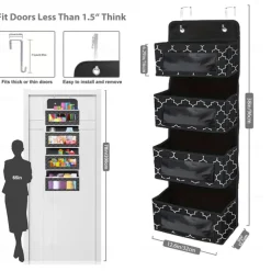 Over-the-Door Storage Bag: Featuring Floral and Solid Black Designs with White Borders, Equipped with 2 Hooks for Hanging, 4 Large Capacity Pockets for Filling, Suitable for Closets, Bathrooms, Nurseries, Bedrooms, Dormitories