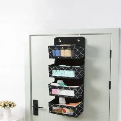 Over-the-Door Storage Bag: Featuring Floral and Solid Black Designs with White Borders, Equipped with 2 Hooks for Hanging, 4 Large Capacity Pockets for Filling, Suitable for Closets, Bathrooms, Nurseries, Bedrooms, Dormitories