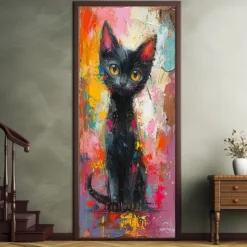 Painting Cat Animal Door Covers Mural Decor Door Tapestry Door Curtain Decoration Backdrop Door Banner Removable for Front Door Indoor Outdoor Home Room Decoration Farmhouse Decor Supplies