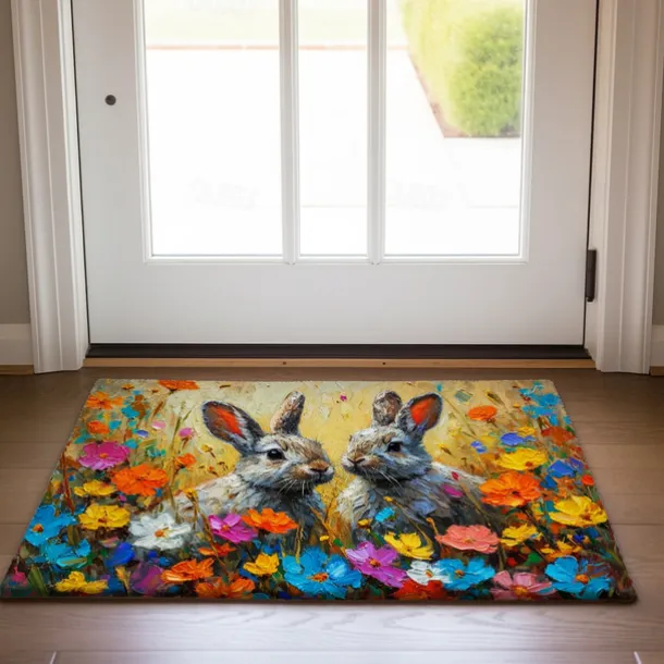 Painting Easter Rabbits Flowers Doormat Floor Mats Washable Rugs Kitchen Mat Non-Slip Oil Proof Rug Indoor Outdoor Mat Bedroom Decor Bathroom Mat Entrance Rug