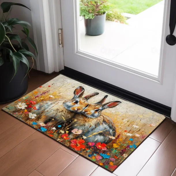 Painting Easter Rabbits Flowers Doormat Floor Mats Washable Rugs Kitchen Mat Non-Slip Oil Proof Rug Indoor Outdoor Mat Bedroom Decor Bathroom Mat Entrance Rug