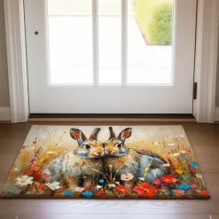 Painting Easter Rabbits Flowers Doormat Floor Mats Washable Rugs Kitchen Mat Non-Slip Oil Proof Rug Indoor Outdoor Mat Bedroom Decor Bathroom Mat Entrance Rug