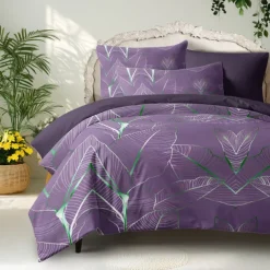 Palm Leaf Duvet Cover Full Size Bedding Set Bed Sets Quilt Cover Soft Lightweight Comforter Cover with 2 Pillowcases for Summer Spring Tropical Plants Hawaii Pink Blue Mint