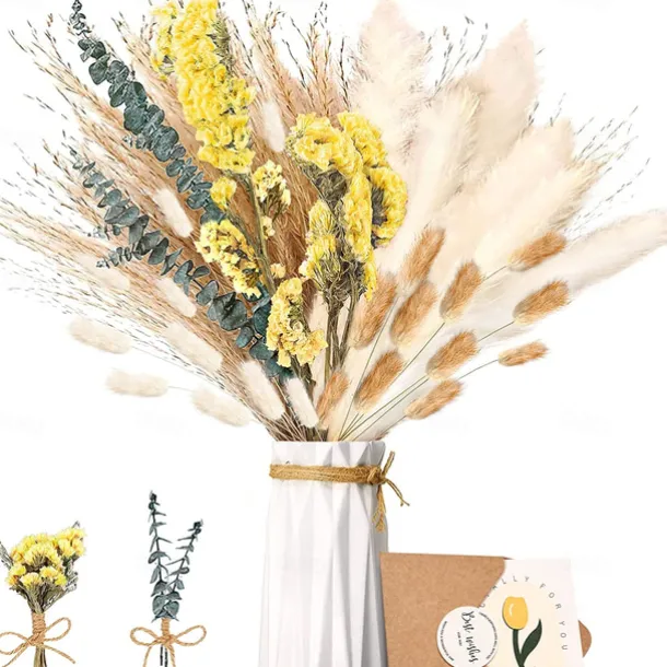 Pampas Grass Decor Set - Natural Dried Flowers for DIY Arrangements, Non-Toxic Home & Wedding Decor, Use without Power