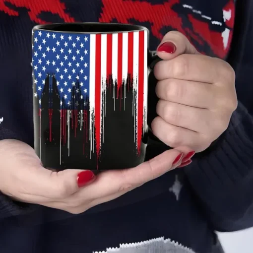 Patriotic American Flag Mug Dripping USA Flag Design Black 11oz Coffee Cup Independence Day Veterans Military Gift for Men Women Dad Mom July 4th Christmas