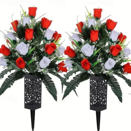 1pc Artificial Cemetery Flowers, Rose Flowers, Outdoor Grave Decorations Roses, Lasting & Non-Bleed Colors, Red & White, Without Cemetery Vase