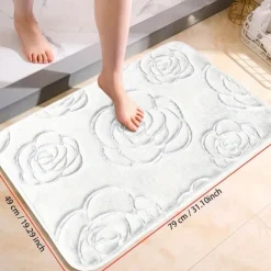 1pc Bath Rugs, Rose Flower Patterned Bathroom Bath Mat Flannel Non-slip Carpet Bathtub Floor Rug Shower Room Doormat Memory Foam Mat Washable Carpet