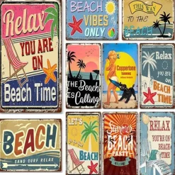 1pc Beach Metal Tin Sign Summer Beach Tin Sign Vintage Beach Signs Wall Decor, Painting Wall Hanging For Beer Bar Decor Home Decor Wall Art Metal Tin Sign 20x30cm/8''x12''