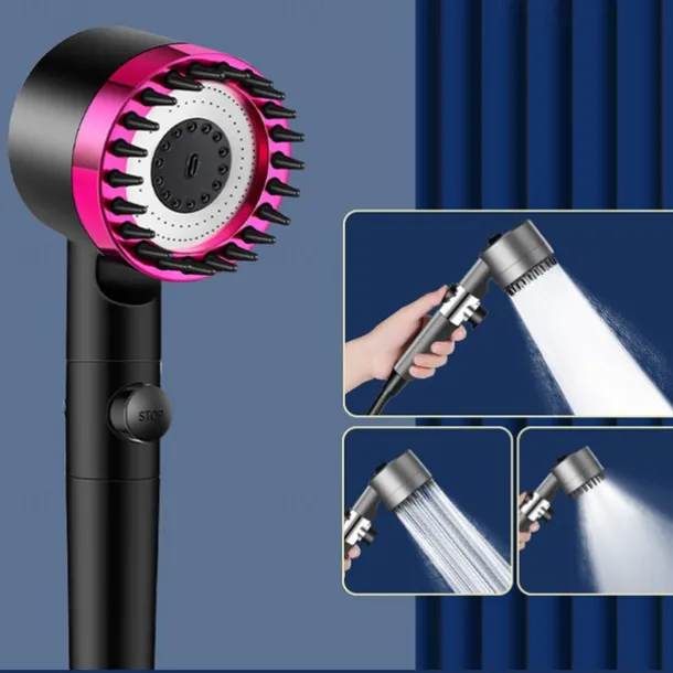 1pc Black Pressurized Handheld Shower Head, 3 Modes Adjustable Water Output Shower Head, Round Massage Shower Head, Bathroom Hardware, Bathroom Accessories