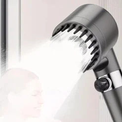 1pc Black Pressurized Handheld Shower Head, 3 Modes Adjustable Water Output Shower Head, Round Massage Shower Head, Bathroom Hardware, Bathroom Accessories