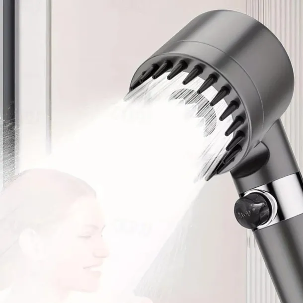 1pc Black Pressurized Handheld Shower Head, 3 Modes Adjustable Water Output Shower Head, Round Massage Shower Head, Bathroom Hardware, Bathroom Accessories