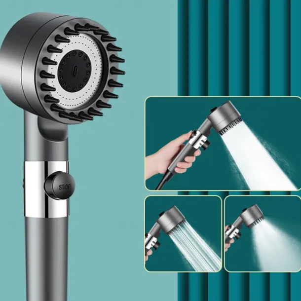 1pc Black Pressurized Handheld Shower Head, 3 Modes Adjustable Water Output Shower Head, Round Massage Shower Head, Bathroom Hardware, Bathroom Accessories