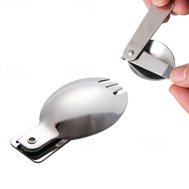 1Pc Camping Outdoor Stainless Steel Folding Spoon, Compact, Lightweight, Durable, Ideal for Hiking, Backpacking, and Camping, Easy to Carry and Use