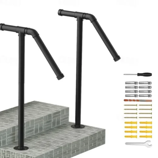 1pc Cast Iron Stair Handrail Kit, Outdoor Vertical Metal Rail, Varnished Finish, with Surface Mount for Exterior Staircase Safety