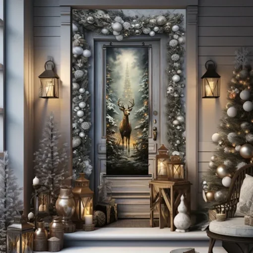 1pc Christmas Poster with Hangers Courtyard Christmas Deer And Colorful Christmas Tree Wall Art Canvas Posters Art For Home Living Room Decoration Wall Art Decor