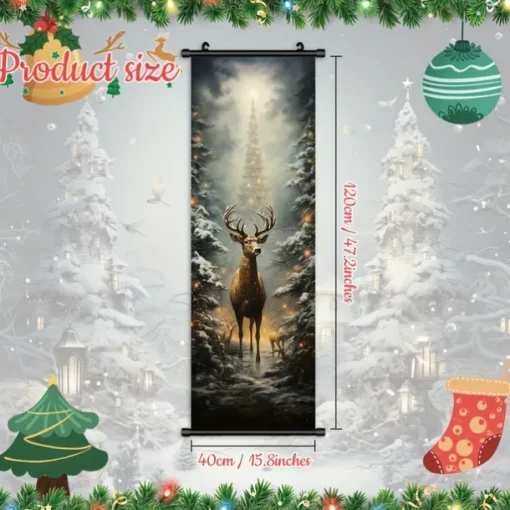 1pc Christmas Poster with Hangers Courtyard Christmas Deer And Colorful Christmas Tree Wall Art Canvas Posters Art For Home Living Room Decoration Wall Art Decor