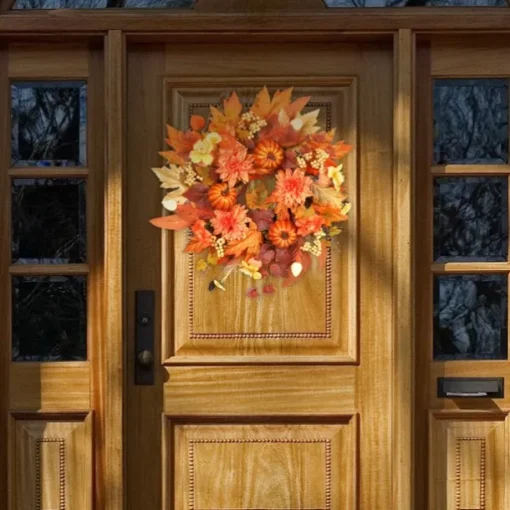 1pc, Classic Autumn Harvest Wreath for Front Door - Vibrant Faux Pumpkin, Maple Leaves & Pinecones, Perfect for Halloween & Thanksgiving Decor, Easy-to-Hang, No Power Required, Fall Decorations