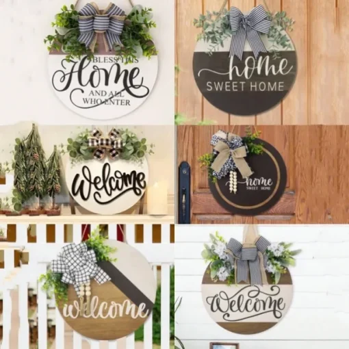 1pc Crafting 12 Inches Welcome Sigh For Front Door Big Wooden Wreath Welcome Wreath Farmhouse Front Door Decoration Housewarming Gift for Home Outdoor Indoor