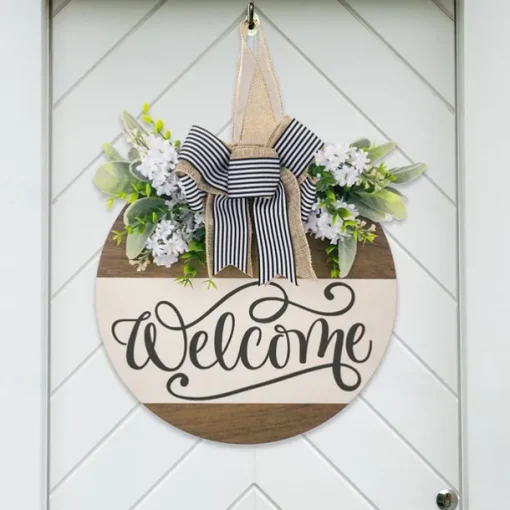 1pc Crafting 12 Inches Welcome Sigh For Front Door Big Wooden Wreath Welcome Wreath Farmhouse Front Door Decoration Housewarming Gift for Home Outdoor Indoor
