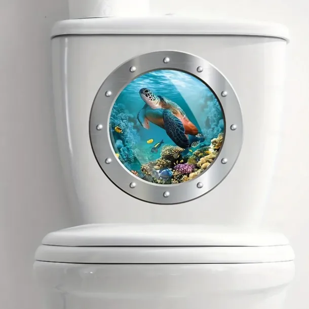 1pc 3D Turtle Toilet Sticker, Undersea Fake Submarine Window Pattern, Self-Adhesive Toilet Lid Decals