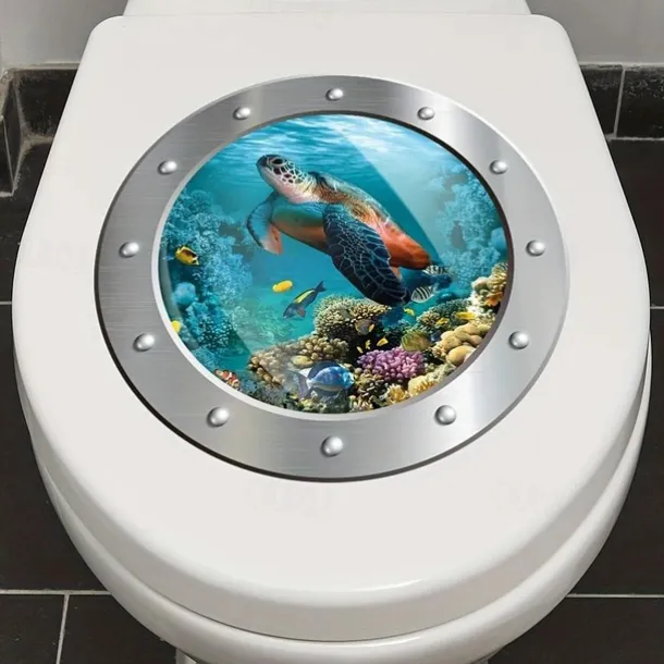1pc 3D Turtle Toilet Sticker, Undersea Fake Submarine Window Pattern, Self-Adhesive Toilet Lid Decals