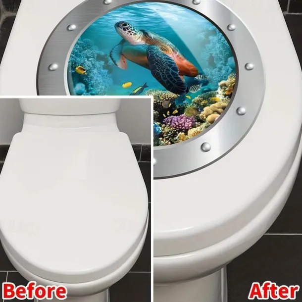 1pc 3D Turtle Toilet Sticker, Undersea Fake Submarine Window Pattern, Self-Adhesive Toilet Lid Decals