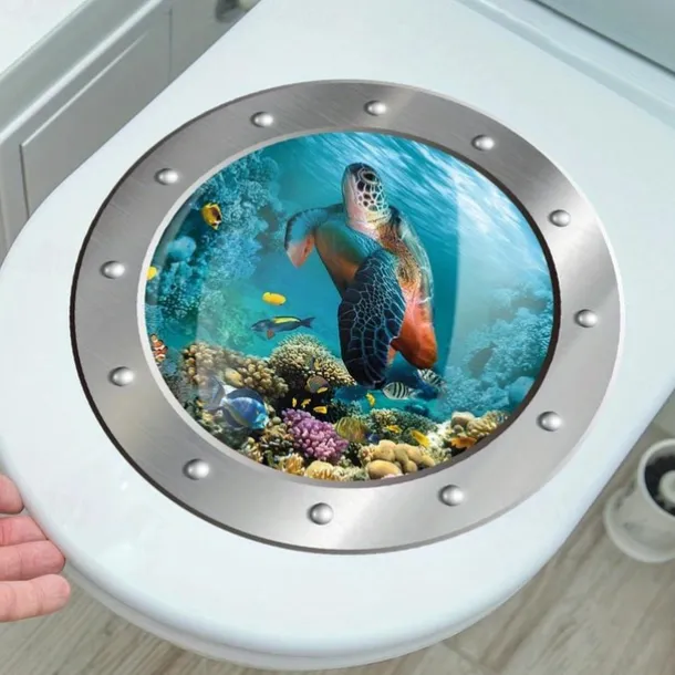 1pc 3D Turtle Toilet Sticker, Undersea Fake Submarine Window Pattern, Self-Adhesive Toilet Lid Decals