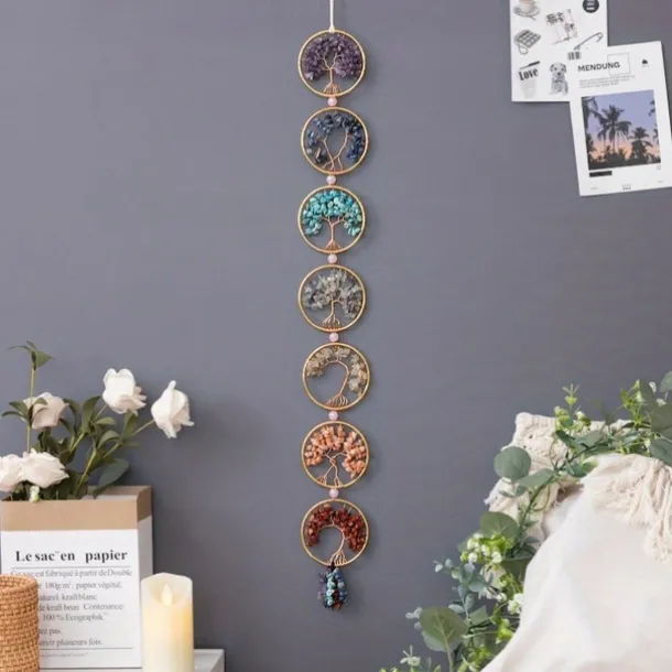1pc Dream Catcher 7 Chakra Crystal Tree Of Life Wall Hanging Reiki Gemstone Dream Catchers Wall Hanger for Yoga Meditation Window Home Decor