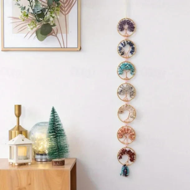 1pc Dream Catcher 7 Chakra Crystal Tree Of Life Wall Hanging Reiki Gemstone Dream Catchers Wall Hanger for Yoga Meditation Window Home Decor