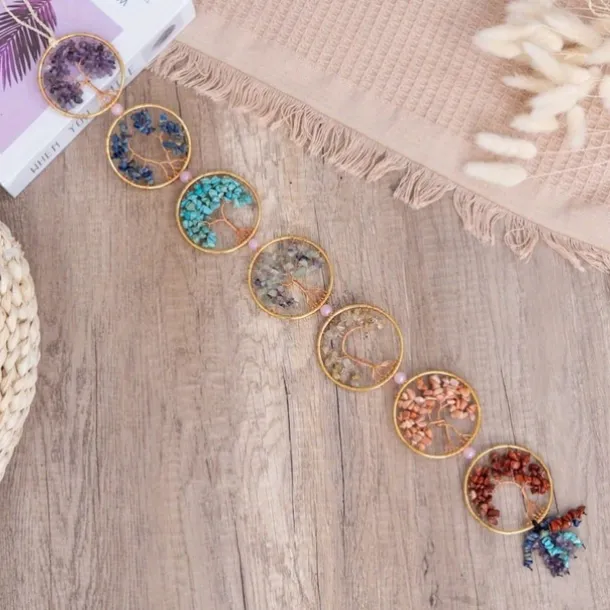 1pc Dream Catcher 7 Chakra Crystal Tree Of Life Wall Hanging Reiki Gemstone Dream Catchers Wall Hanger for Yoga Meditation Window Home Decor