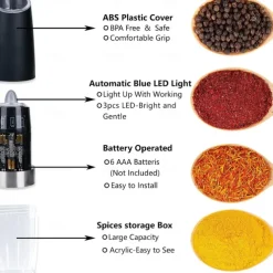 1pc Electric Salt and Pepper Grinder, Gravity Sensor, Automatic Pepper Mill, One Hand Operation, Battery-Operated with Adjustable Coarseness, Blue Led Light