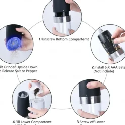 1pc Electric Salt and Pepper Grinder, Gravity Sensor, Automatic Pepper Mill, One Hand Operation, Battery-Operated with Adjustable Coarseness, Blue Led Light