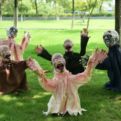 1pc Halloween Groundbreaker Zombie Lawn Stakes, Large Motion-Activated Sound Control Scary Props, Traditional Style, Plastic And Denim Material, Outdoor Spooky Decorations
