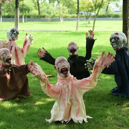 1pc Halloween Groundbreaker Zombie Lawn Stakes, Large Motion-Activated Sound Control Scary Props, Traditional Style, Plastic And Denim Material, Outdoor Spooky Decorations