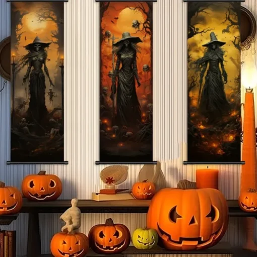 1pc Halloween Poster with Hangers Courtyard Skeleton Ghost Pumpkin Bat Party Witch Painting Lantern Enchantress Wall Art Canvas Posters Art For Home Living Room Decoration Wall Art Decor