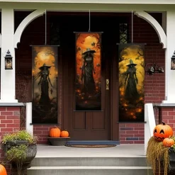 1pc Halloween Poster with Hangers Courtyard Skeleton Ghost Pumpkin Bat Party Witch Painting Lantern Enchantress Wall Art Canvas Posters Art For Home Living Room Decoration Wall Art Decor