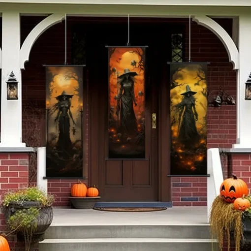 1pc Halloween Poster with Hangers Courtyard Skeleton Ghost Pumpkin Bat Party Witch Painting Lantern Enchantress Wall Art Canvas Posters Art For Home Living Room Decoration Wall Art Decor