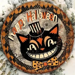 1pc Happy Halloween Quirky Black Cat Wreath Sign Round Decor For Home, Kitchen, Garden & Office
